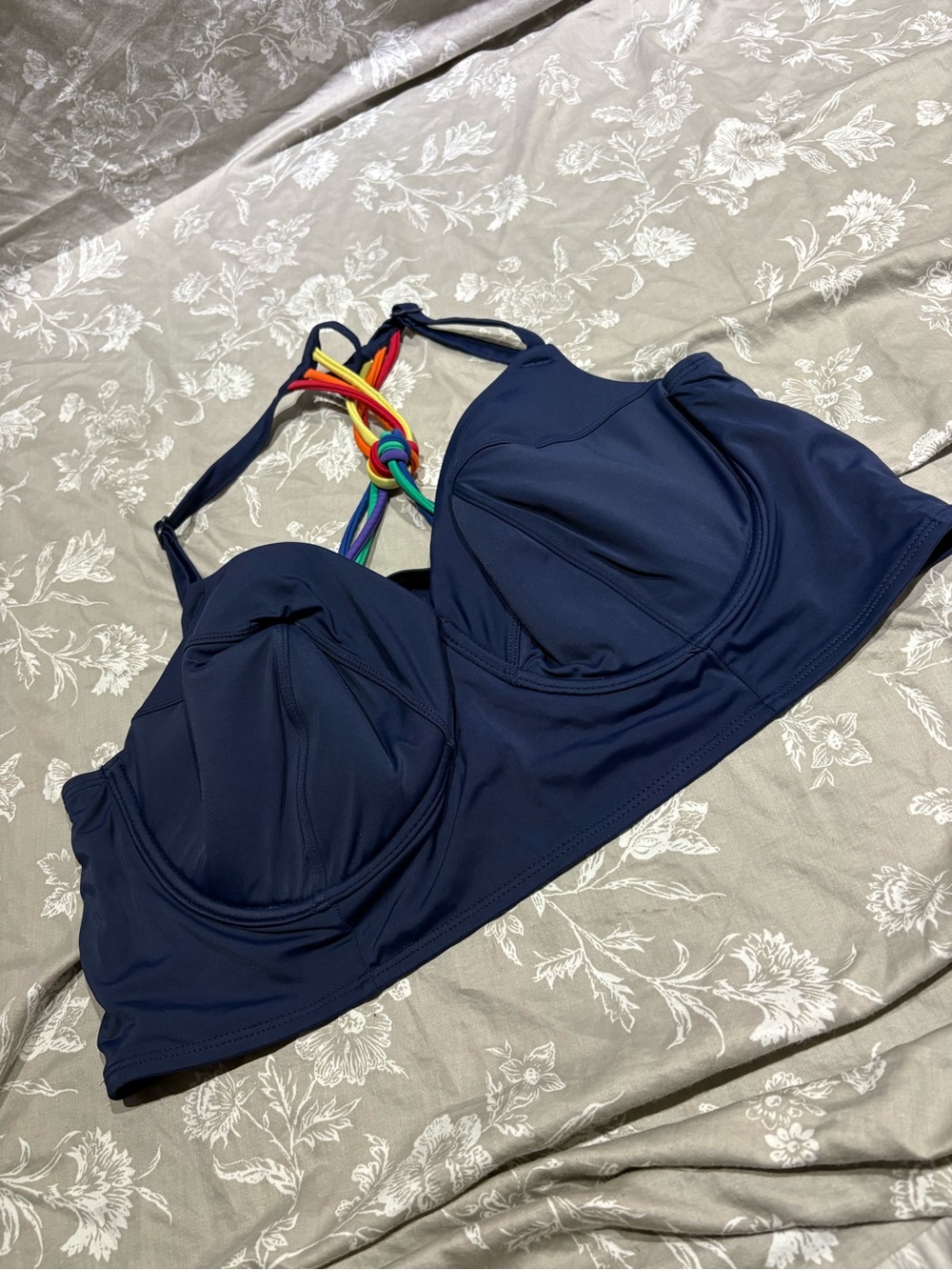 Cacique navy blue rainbow bikini top underwire 44DD